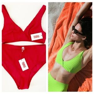 NWT Solid & Striped The Beverly Ribbed High Waist Bikini Set Red Large
